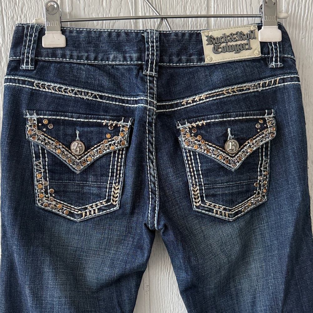 Rock and Roll Cowgirl Low Rise Bootcut Rhinestone denim jeans sz 26 x 36 - Picture 2 of 14